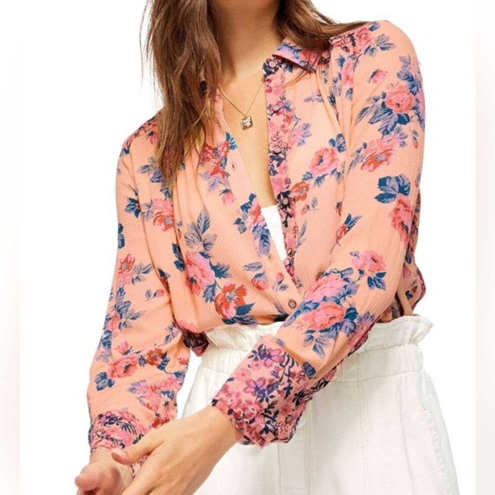 Free People Hold On To Me Floral Button Front Blouse Coral Cottage Boho Large